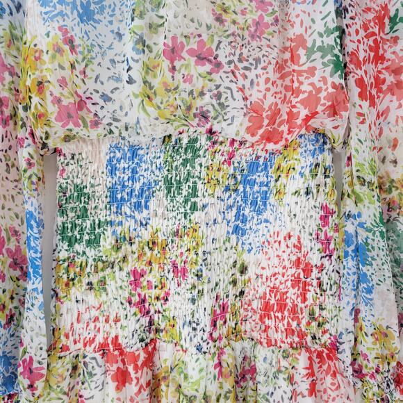 AQUA Womens‎ Dress S Cream Blue Floral Smocked Ruffle Trim Long Sleeve Mini - Picture 8 of 14